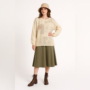 Vintage 80s Ramie Knit Sweater Embroidered Beaded Cream Pullover M Oversized